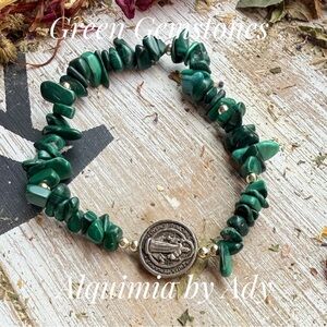 Green malachite Silver Bracelet with Natural Beads and Intricate Saint Benedict